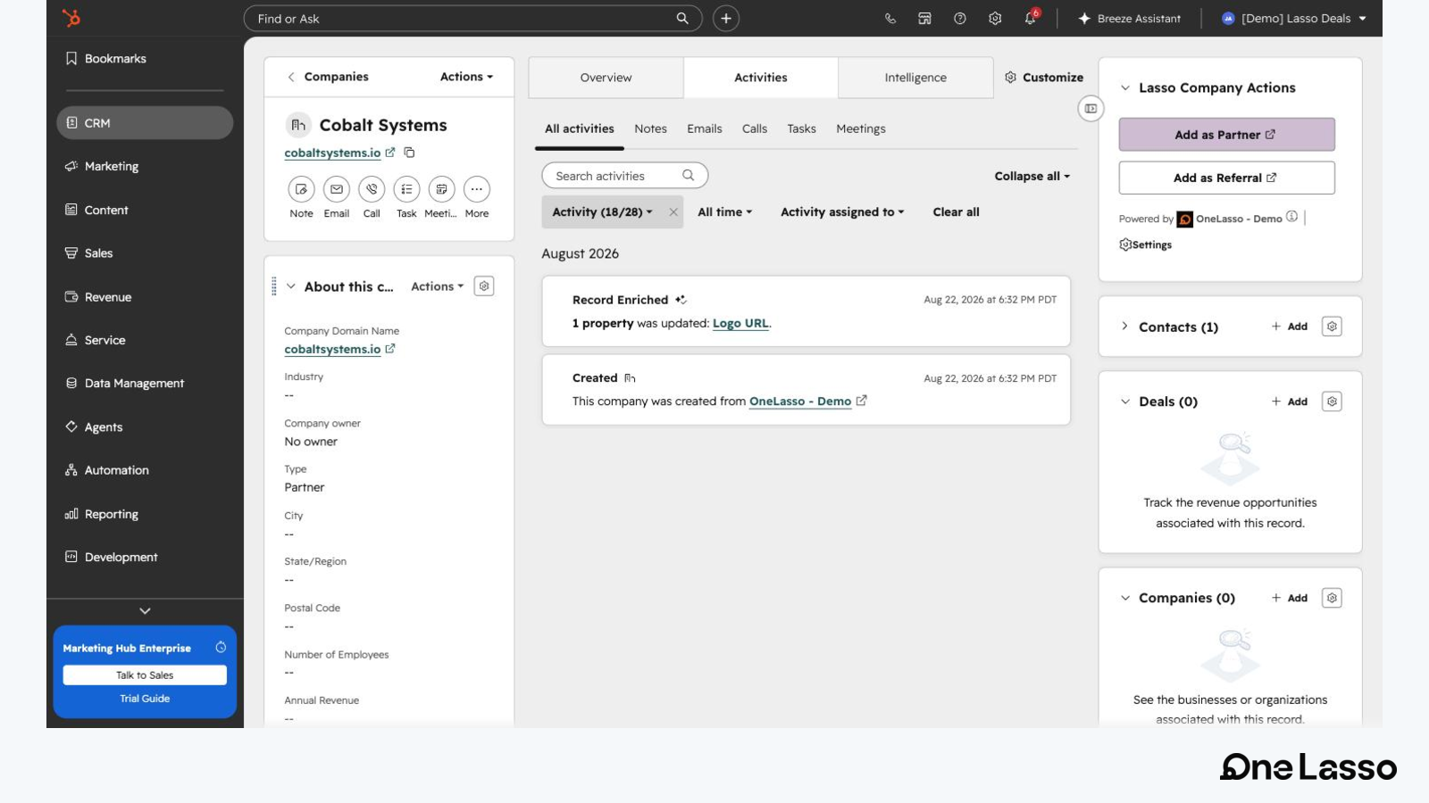 The OneLasso card on a HubSpot company record with add as partner and add as referral actions