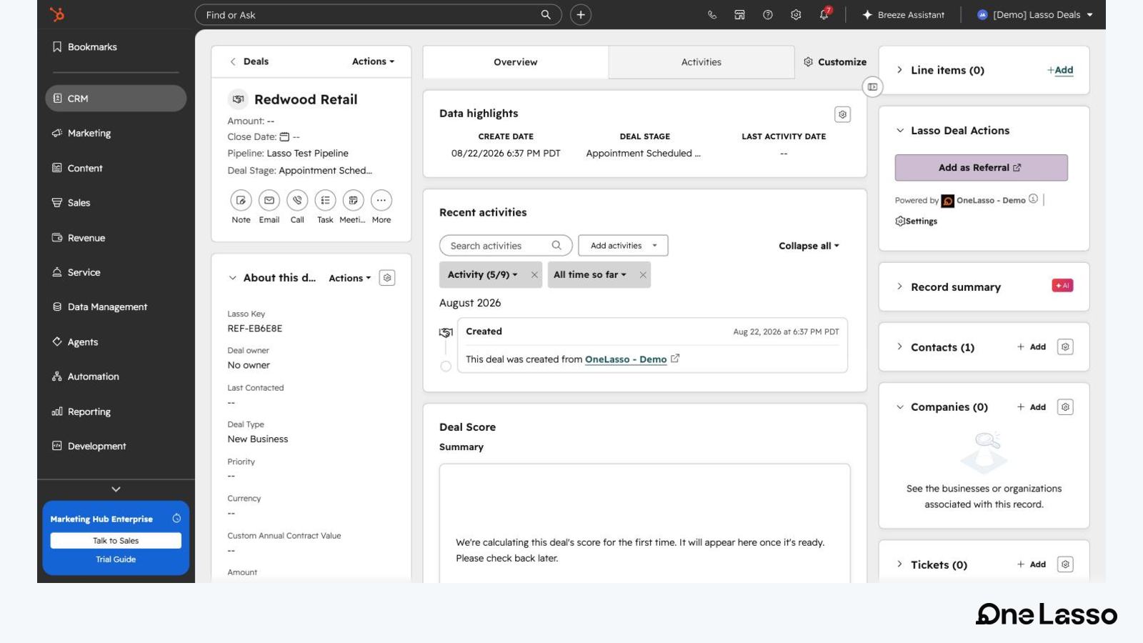 The referral synced automatically into HubSpot as a deal with its OneLasso key