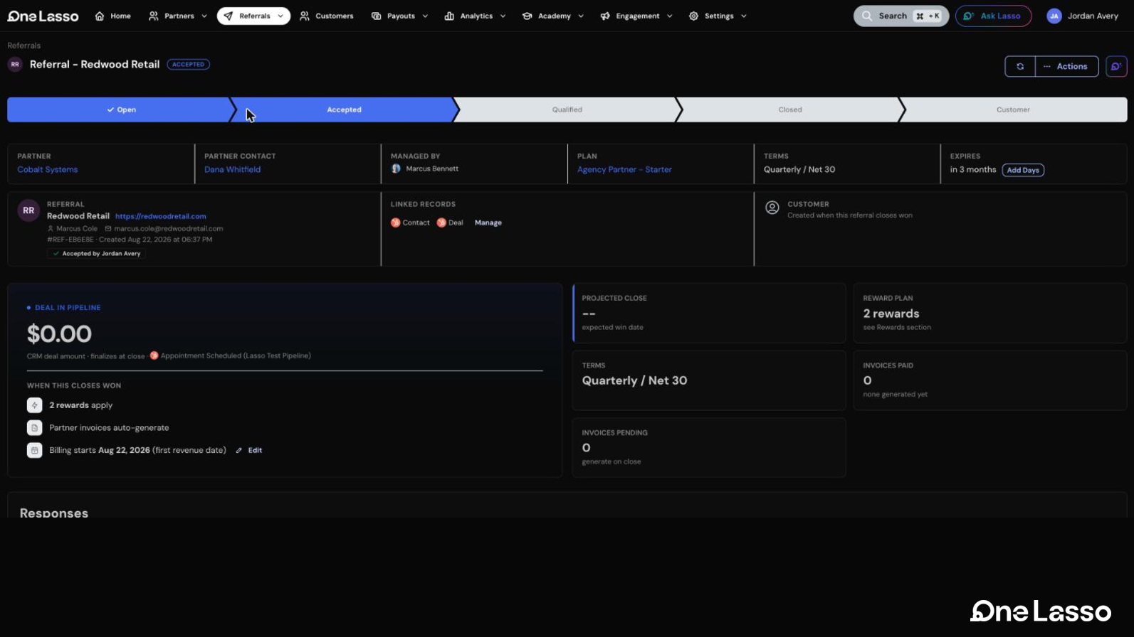 The OneLasso referral showing linked HubSpot contact, deal and live deal stage